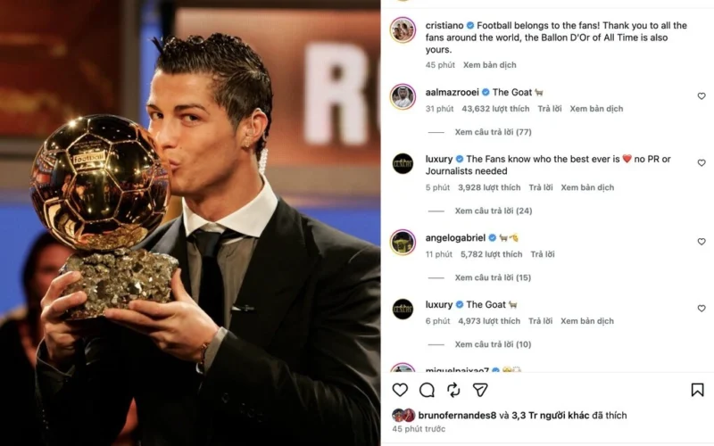 Cristiano Ronaldo tri ân người hâm mộ sau danh hiệu Quả Bóng Vàng hay nhất mọi thời