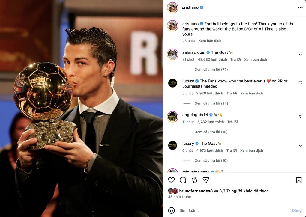 Cristiano Ronaldo tri ân người hâm mộ sau danh hiệu Quả Bóng Vàng hay nhất mọi thời